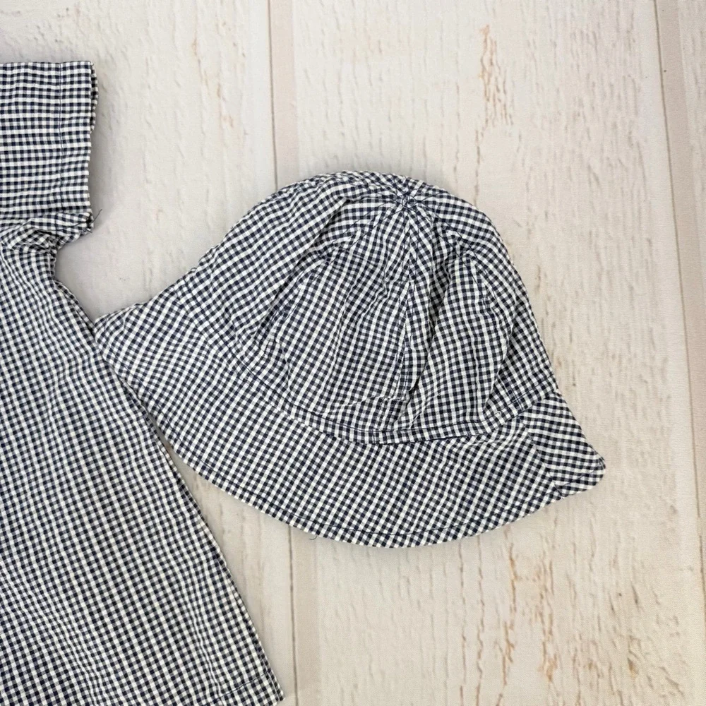 Carter’s 3M Gingham Romper +‎ Hat Baby Outfit Blue White Pre-Owned